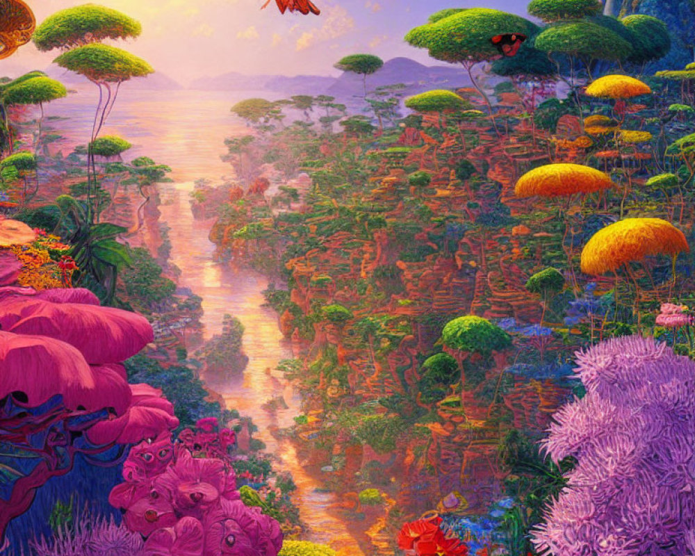 Fantastical landscape with mushroom trees, colorful flora, setting sun, butterflies above misty canyon