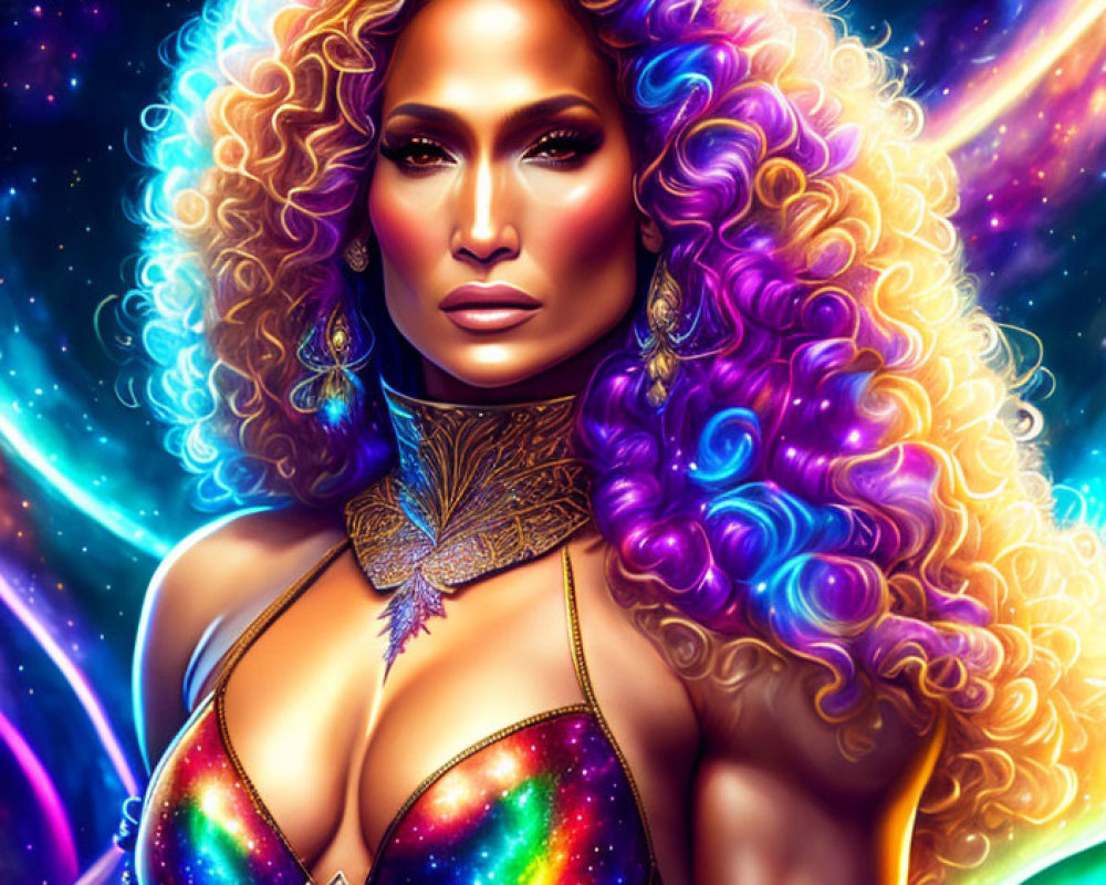 Colorful portrait of person with voluminous curly hair, cosmic makeup, galaxy bikini, starry space