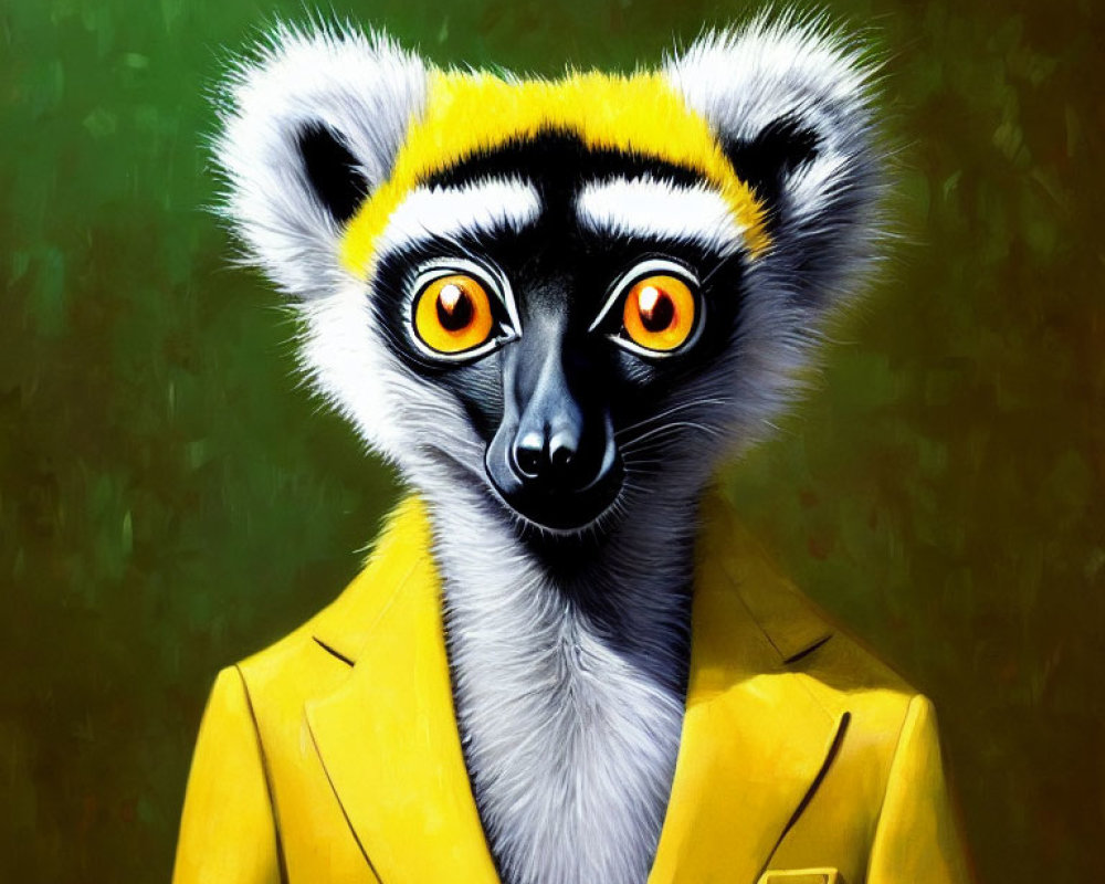 Stylized painting of lemur in yellow suit with intense orange eyes