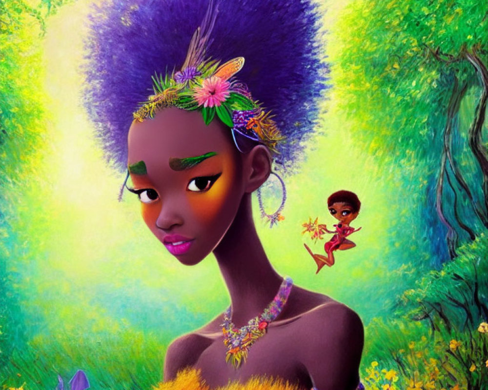 Illustration of woman with purple afro, fairy, bunny in vibrant forest