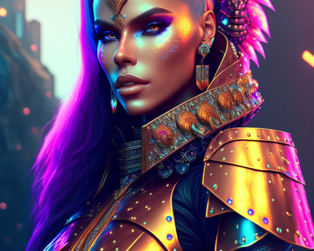 Vibrant purple-haired female warrior in golden armor with glowing cityscape