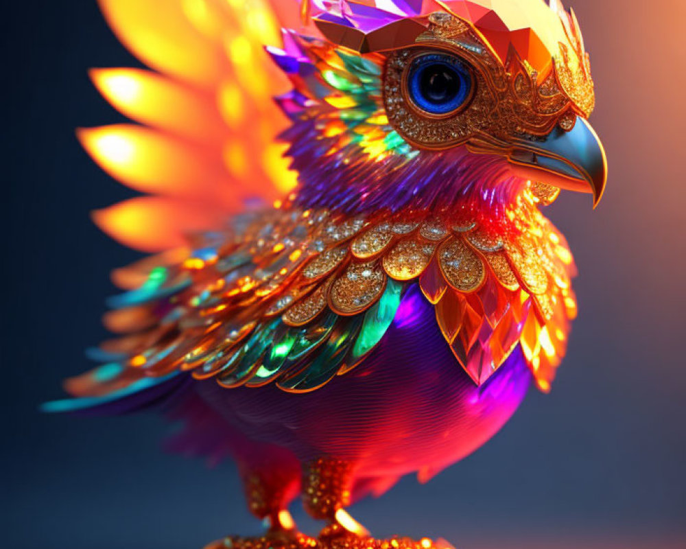 Colorful digital artwork: Fantastical bird with jewel-toned feathers, crystal crown, and fiery