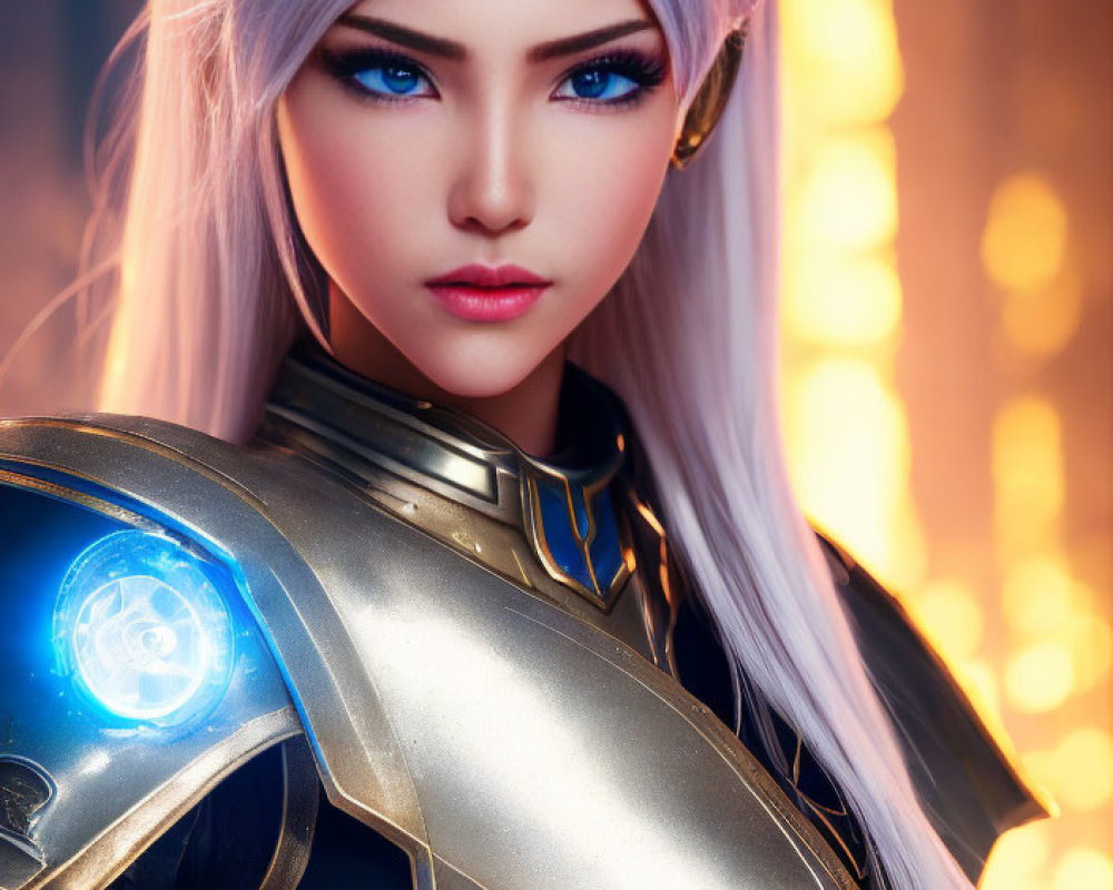 Female character with blue eyes, silver hair, and futuristic armor.