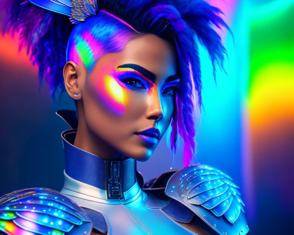 Blue-skinned woman in cybernetic armor with mohawk on neon backdrop