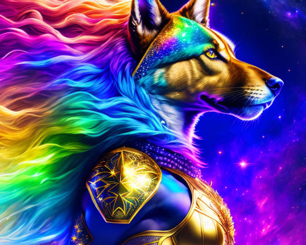 Colorful mythical canine with rainbow mane and golden armor in cosmic setting