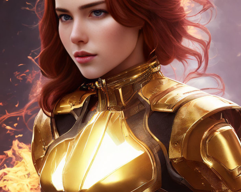 Red-haired woman in golden armored suit with blue eyes and fiery backdrop.