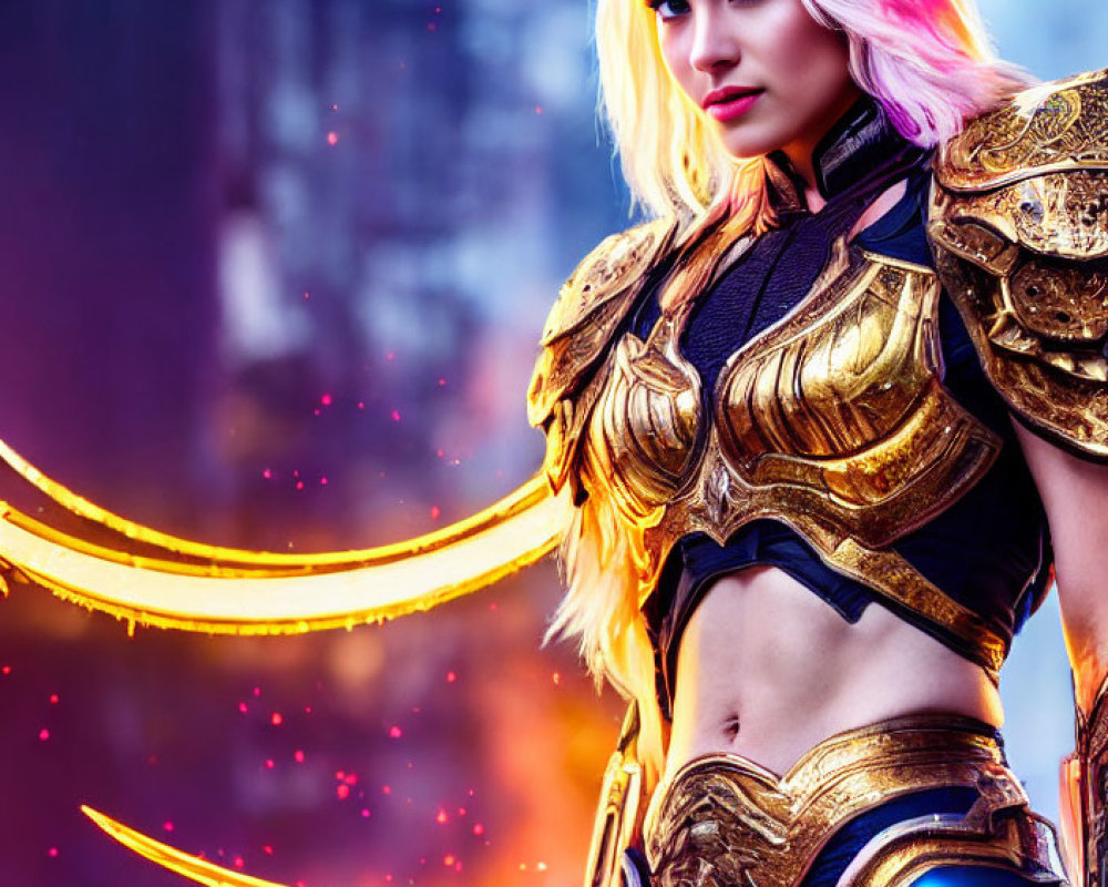 Elaborate Fantasy Armor with Glowing Elements and Golden Weapon in Urban Nighttime Scene