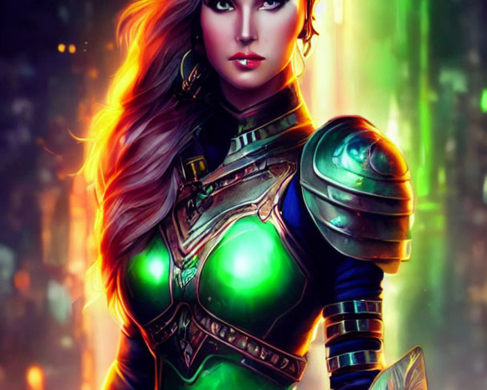 Female warrior digital art: fantasy armor, flowing hair, glowing effects, neon-lit futuristic backdrop