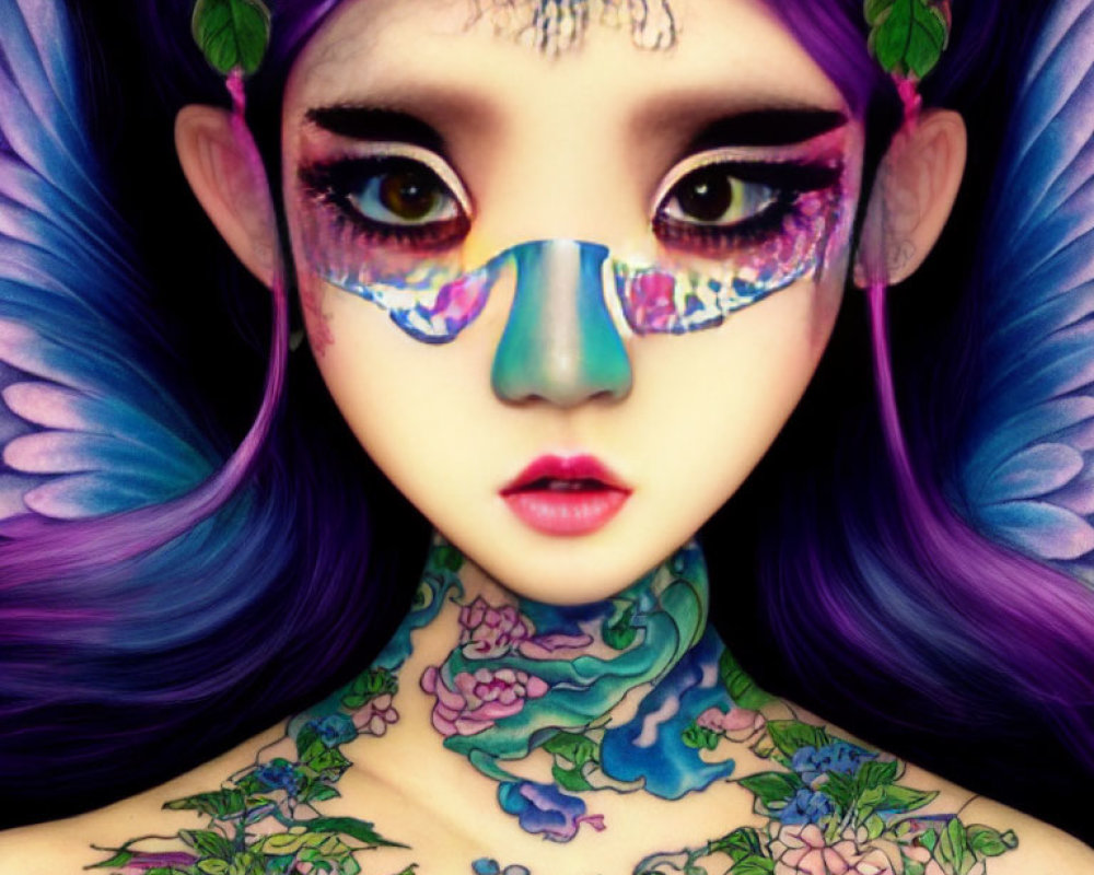 Colorful fantasy figure with expressive eyes, wings, and floral tattoos