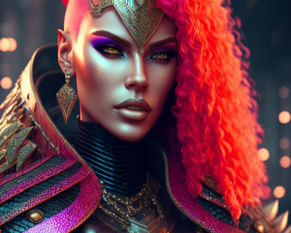 Stylized digital artwork of a woman with red curly hair and golden headpiece