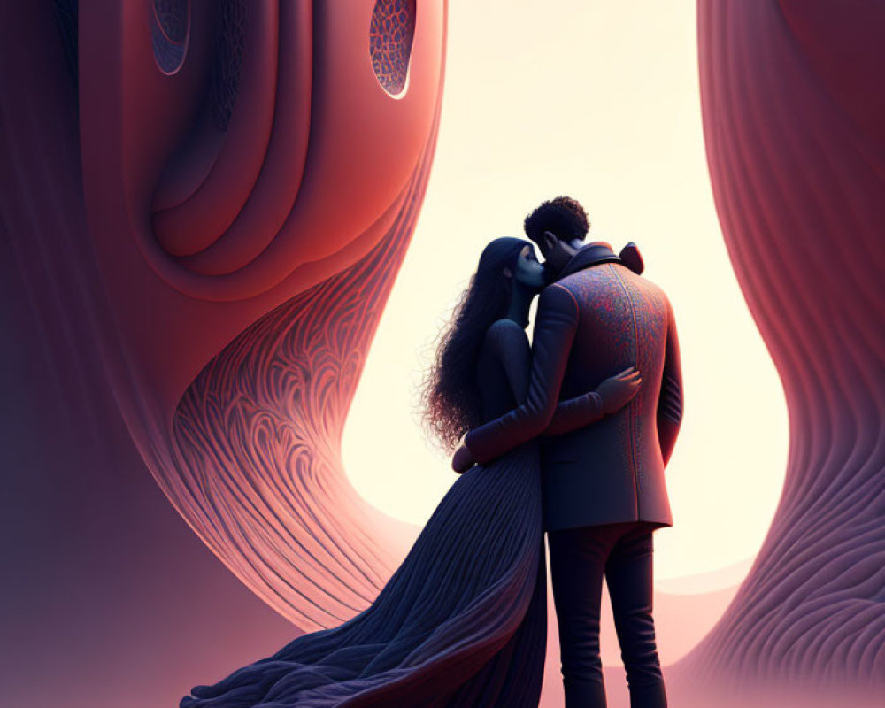 Surreal couple embrace in salmon landscape with floating structures