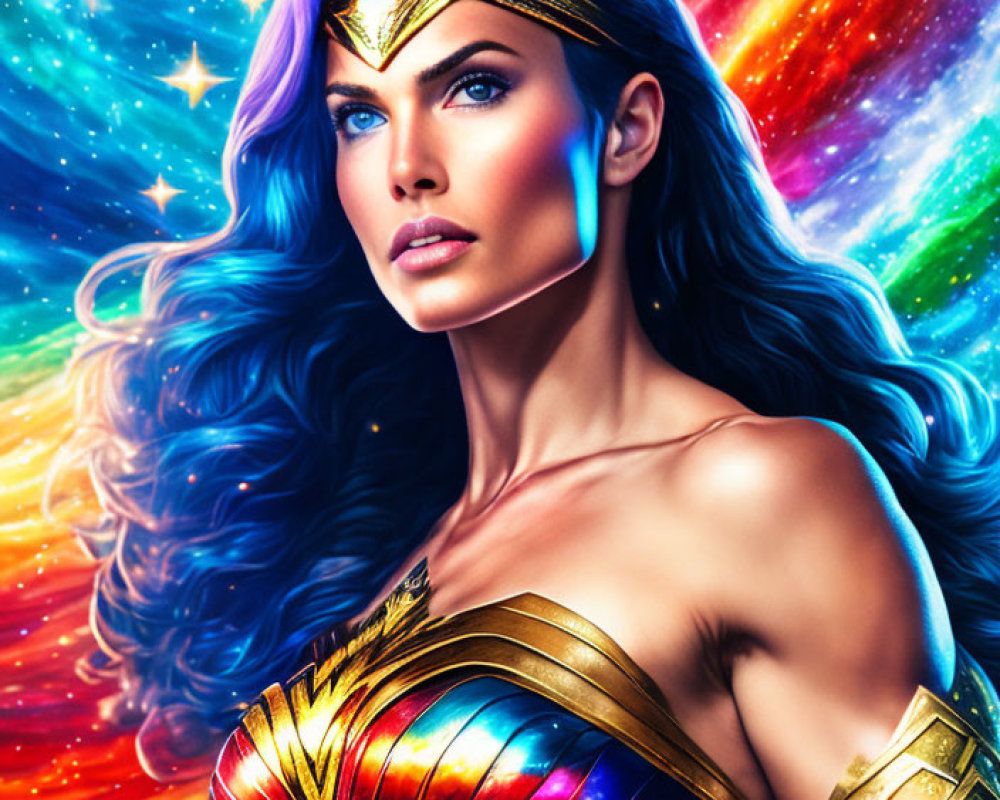 Female superhero with vibrant hair, golden tiara, arm bracers, in cosmic scene