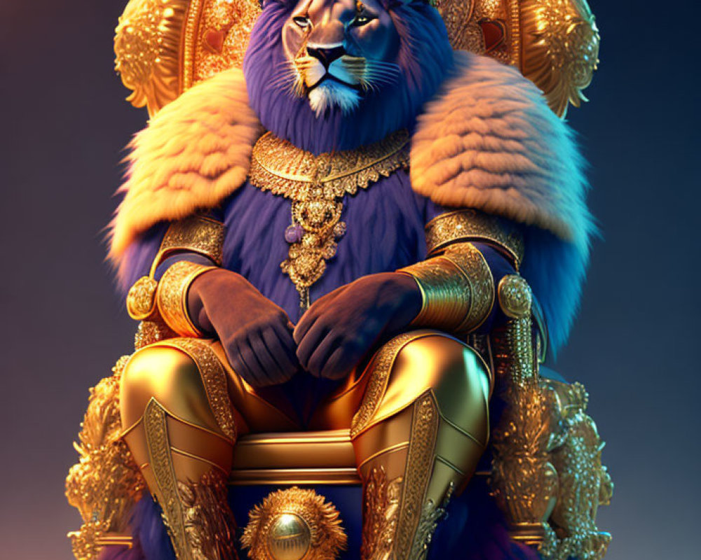 Regal lion on golden throne with crown and royal attire