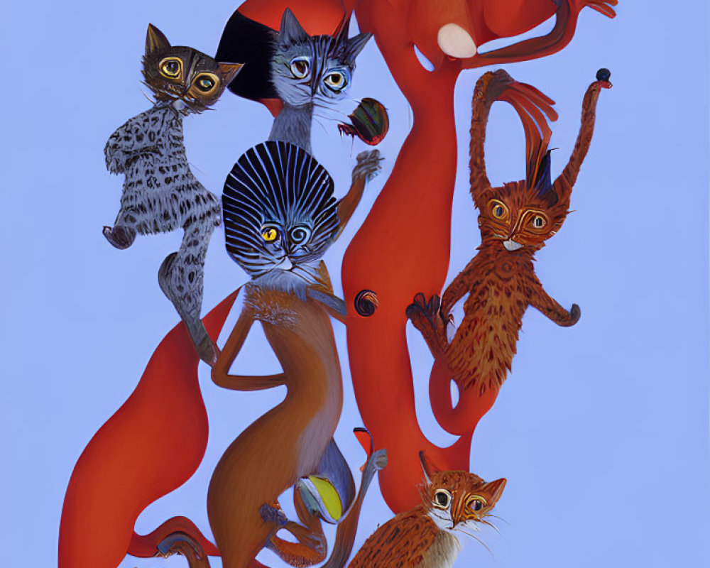 Colorful Surreal Cat Totem Against Blue Background