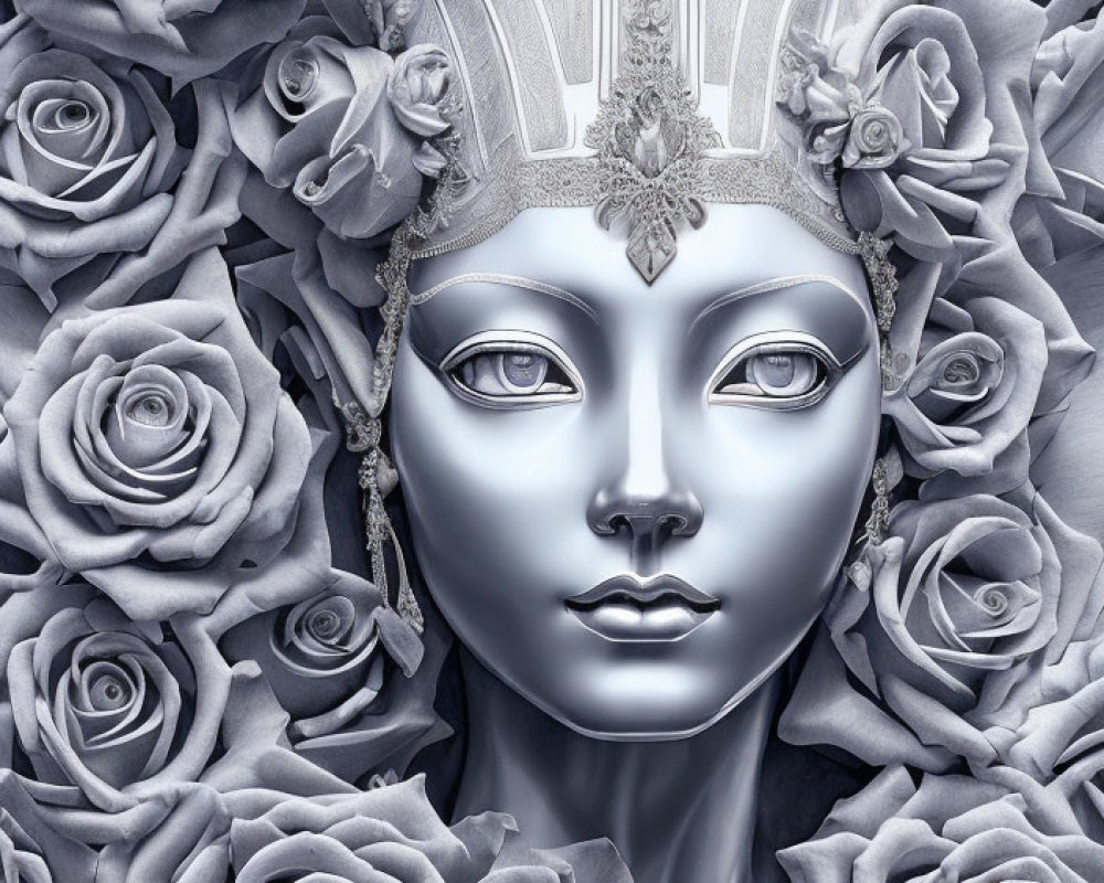 Monochromatic art: Silver mask face with grey roses background