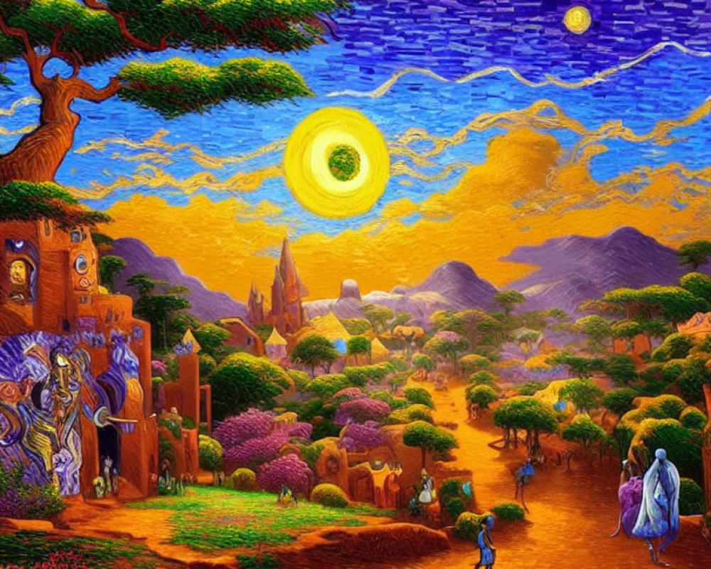 Colorful painting blending night and day with sun, trees, village, and figures under starry sky