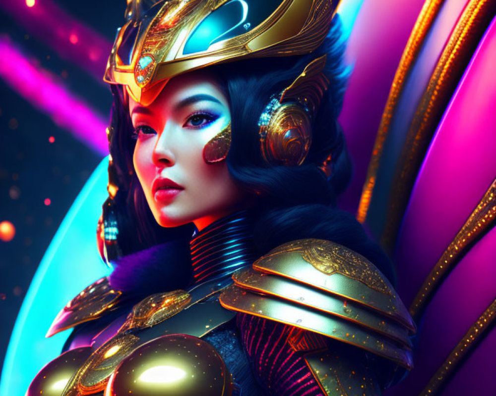 Futuristic warrior woman in golden armor with neon hues on cosmic backdrop