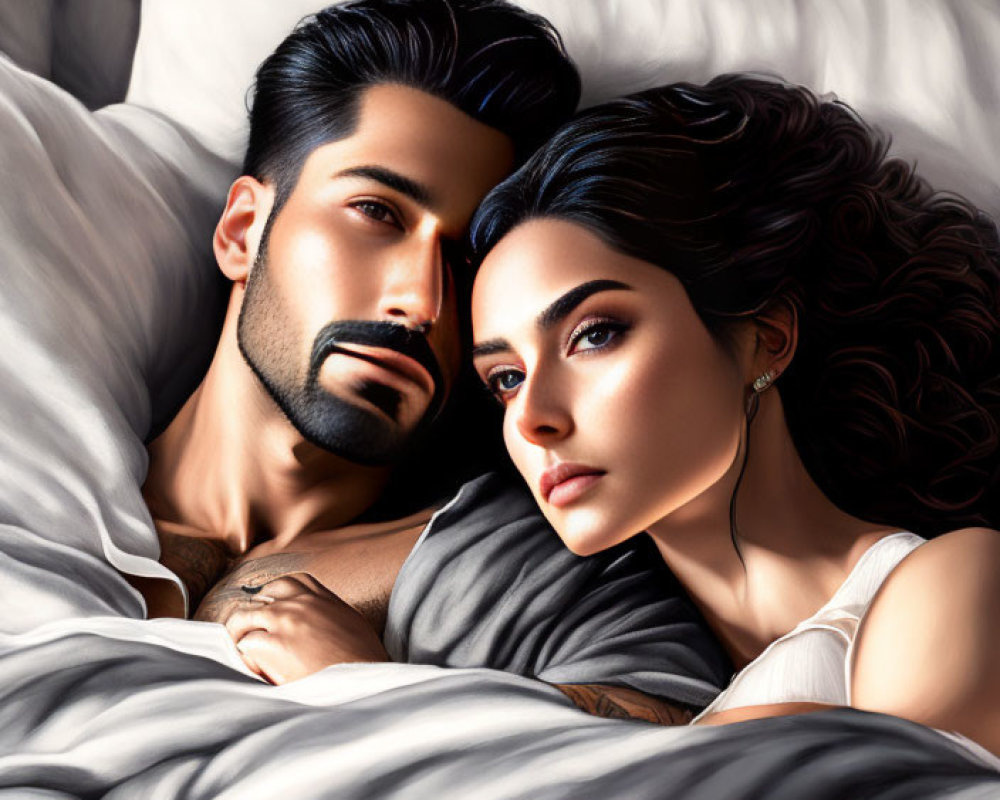 Digital artwork: Couple lying in bed, man looking at woman resting head on pillow