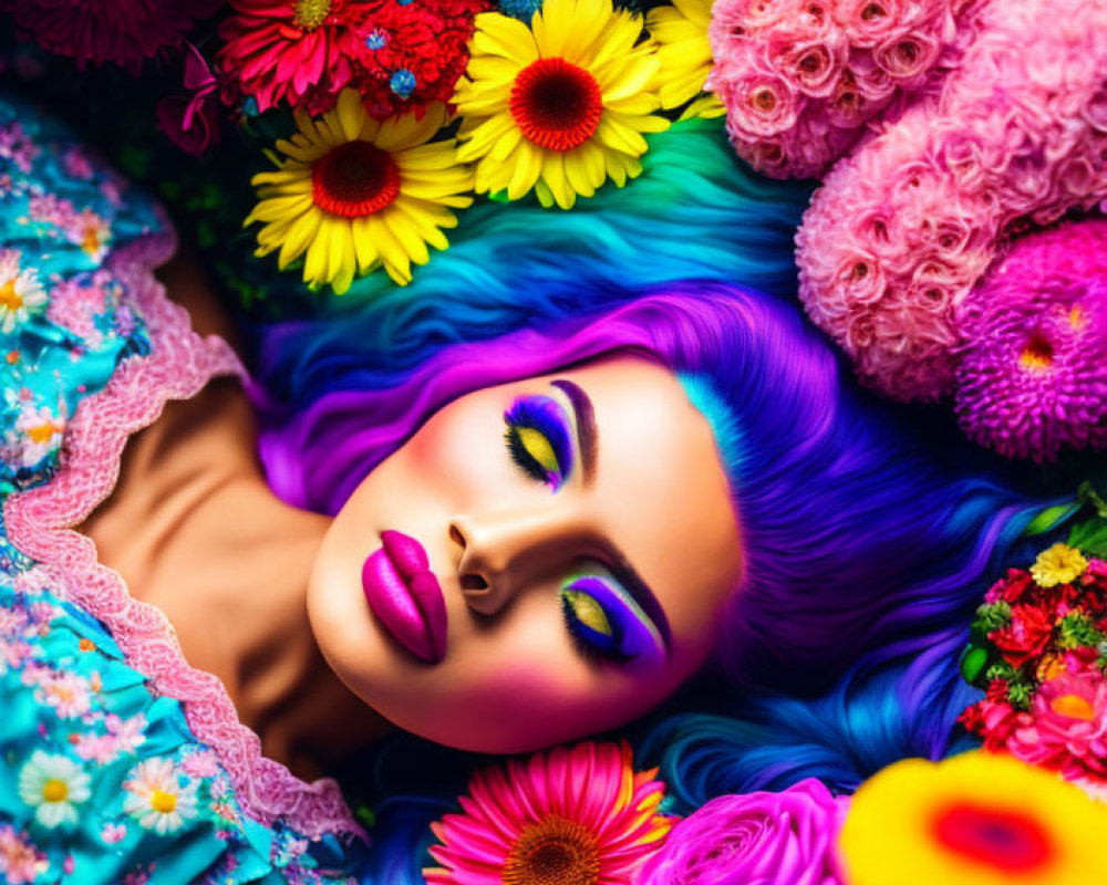 Woman with Purple Hair and Colorful Makeup Surrounded by Vibrant Flowers