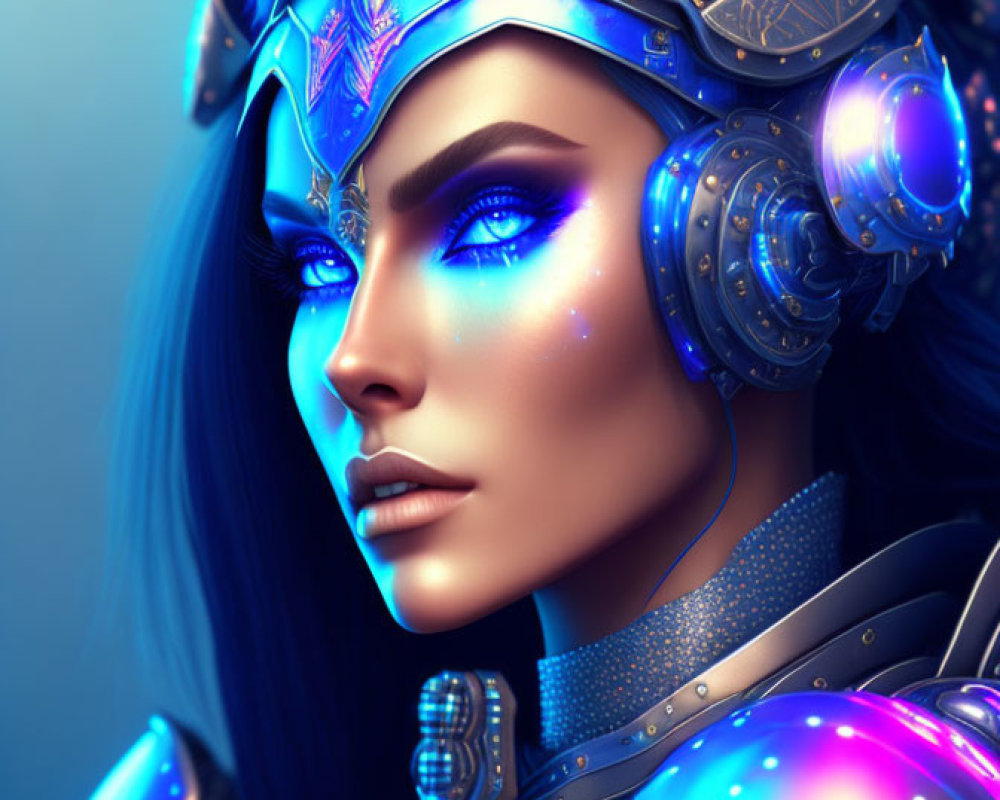 Digital artwork of woman in vivid blue armor with headset, intricate designs, luminous skin, futuristic warrior