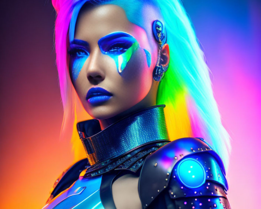 Futuristic woman with blue hair and cybernetic enhancements