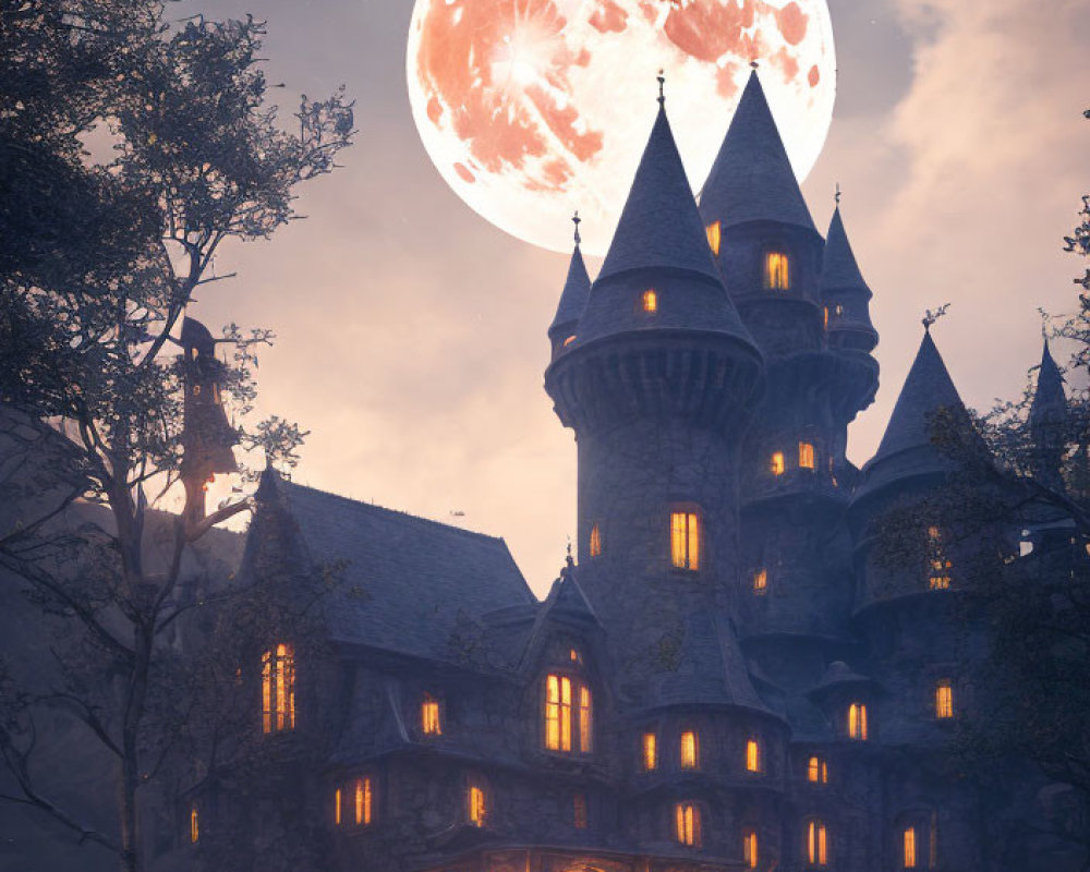 Mystical castle at twilight with red moon and Santa silhouette