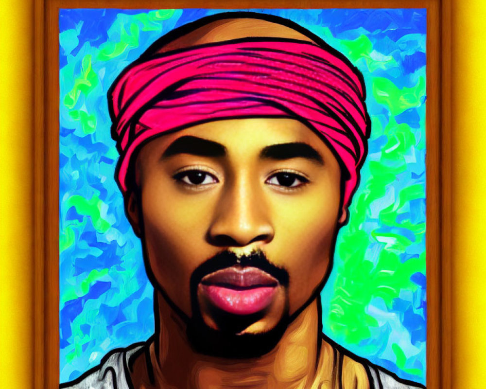 Man with Pink Headband and Goatee on Textured Blue Background in Yellow Frame