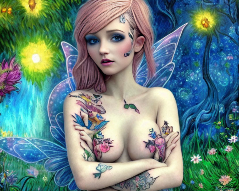 Colorful Fairy with Pink Hair and Butterfly Wings in Enchanting Forest