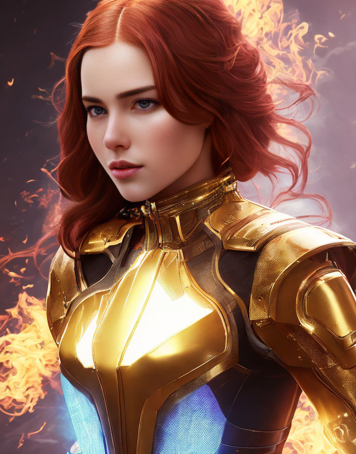 Red-haired woman in golden armored suit with blue eyes and fiery backdrop.