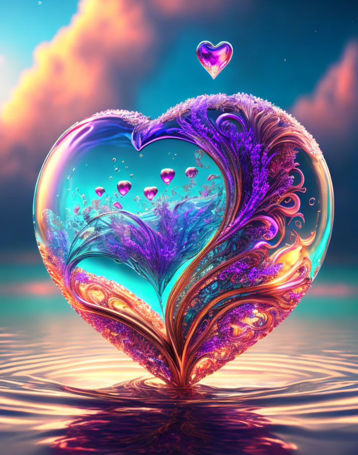 Colorful 3D digital art: Heart-shaped glass structure with fractal designs floating over water at