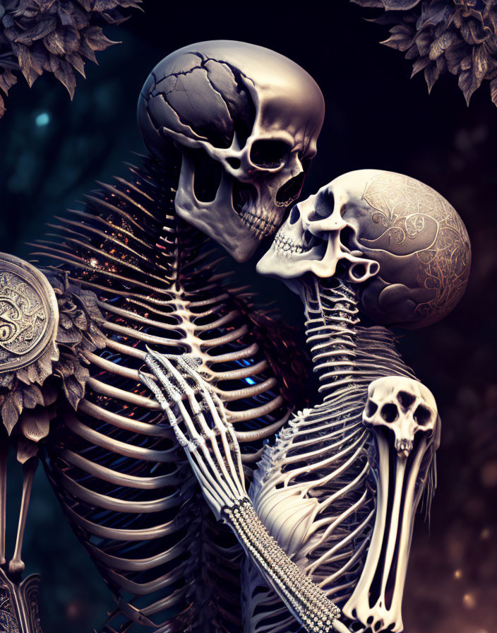 Detailed skeletal figures with ornate skulls and leaf motifs whispering.