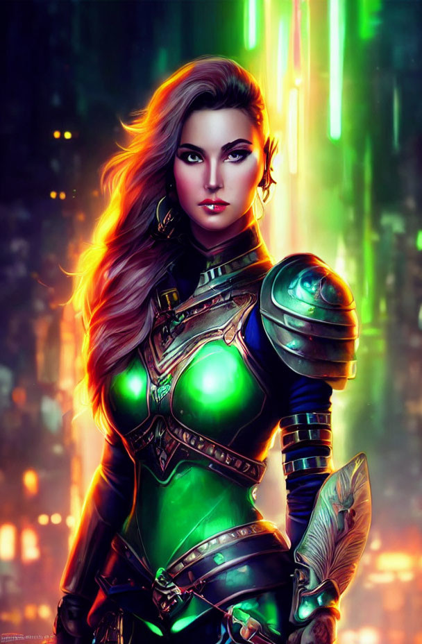 Female warrior digital art: fantasy armor, flowing hair, glowing effects, neon-lit futuristic backdrop