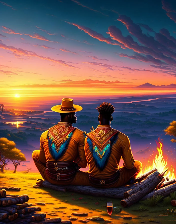 Two People in Traditional Attire by Campfire at African Sunset
