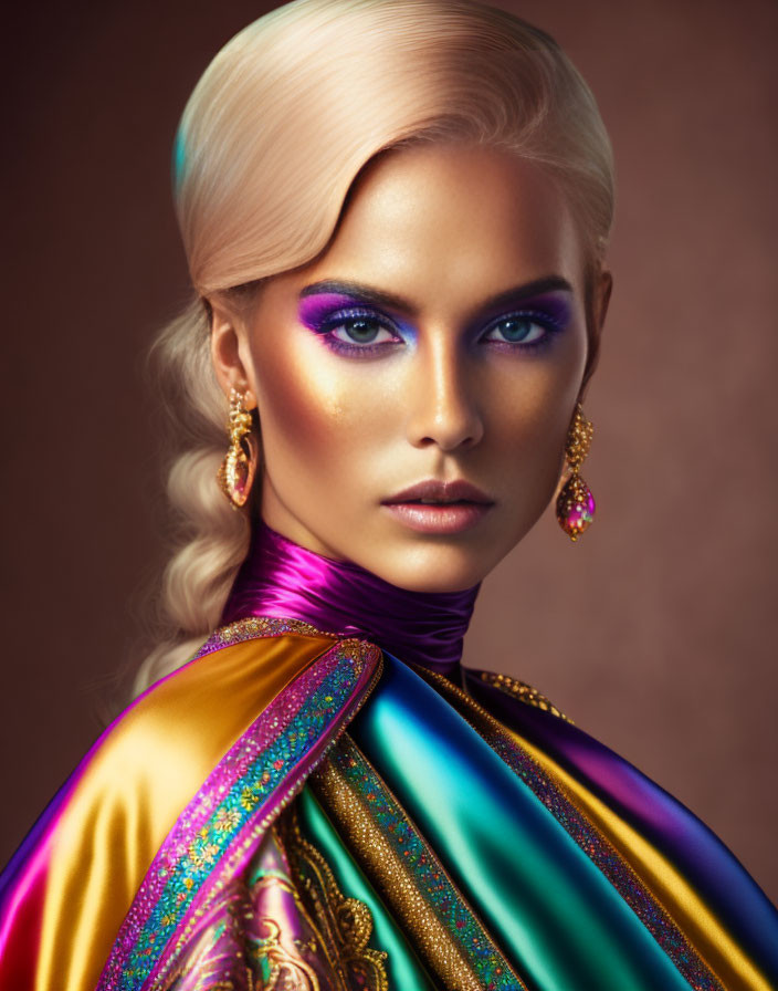 Blonde woman with blue eyes and purple eyeshadow in colorful outfit