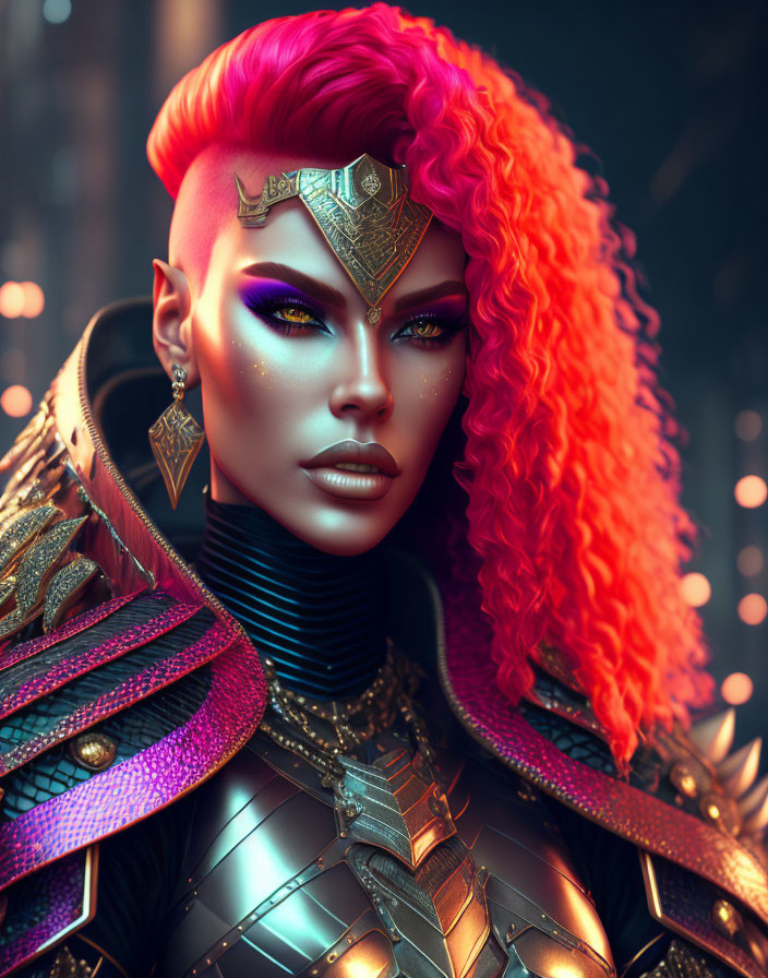 Stylized digital artwork of a woman with red curly hair and golden headpiece