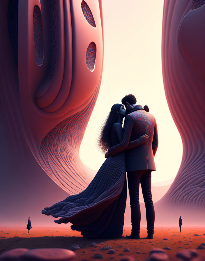 Surreal couple embrace in salmon landscape with floating structures