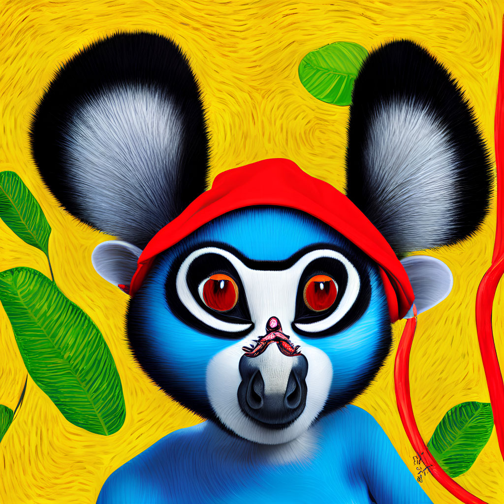 Colorful digital artwork: Blue lemur character with red nose and bandana on yellow background