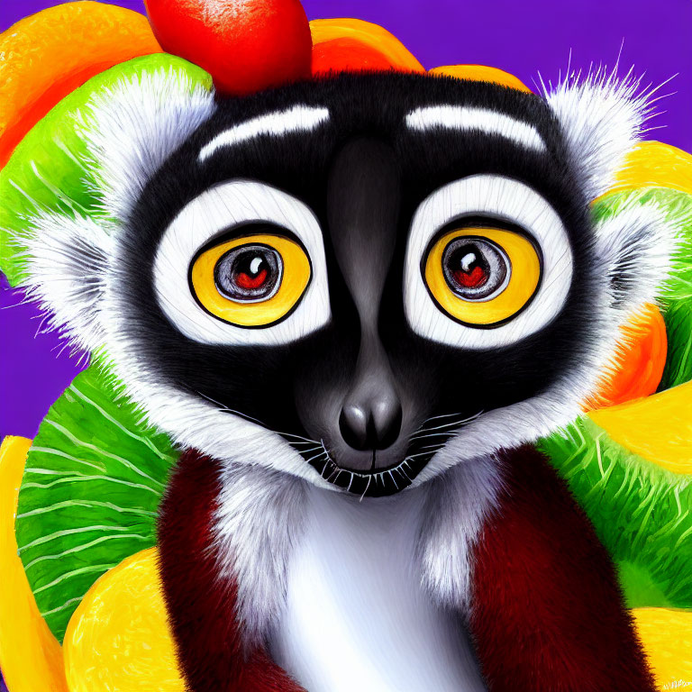 Colorful Lemur Illustration with Yellow Eyes and Fruit on Purple Background