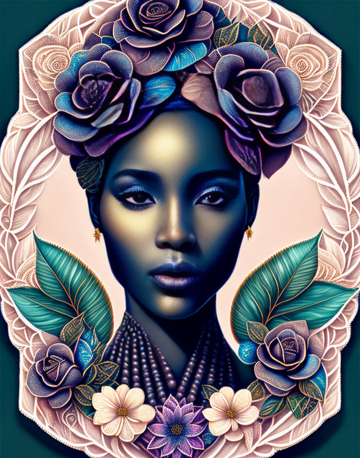 Digital artwork: Woman with floral headdress in serene setting