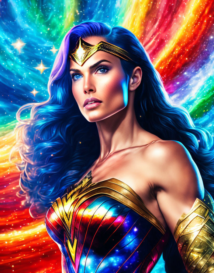 Female superhero with vibrant hair, golden tiara, arm bracers, in cosmic scene