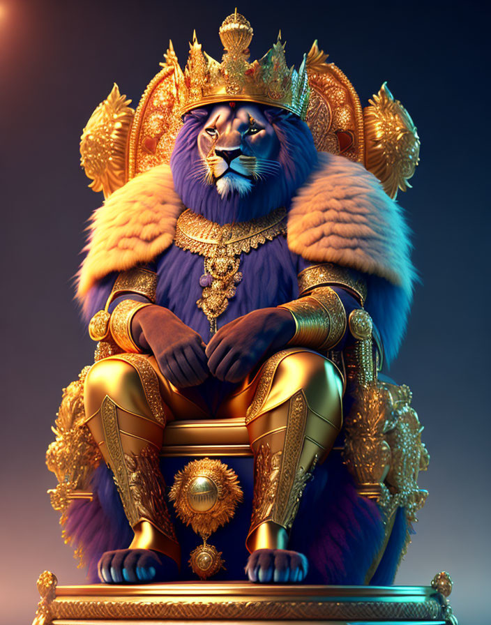 Regal lion on golden throne with crown and royal attire