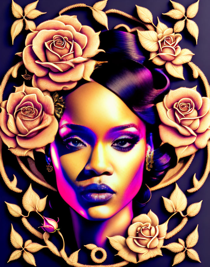 Colorful digital artwork: Woman with intense gaze, golden roses and leaves on purple.