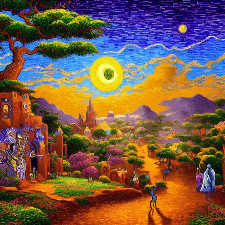 Colorful painting blending night and day with sun, trees, village, and figures under starry sky