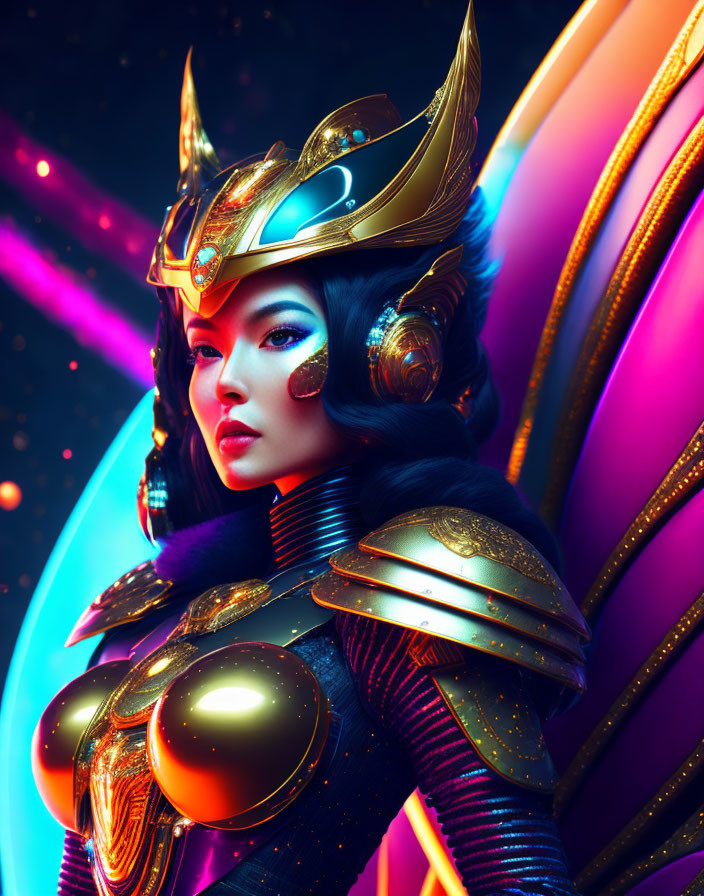 Futuristic warrior woman in golden armor with neon hues on cosmic backdrop