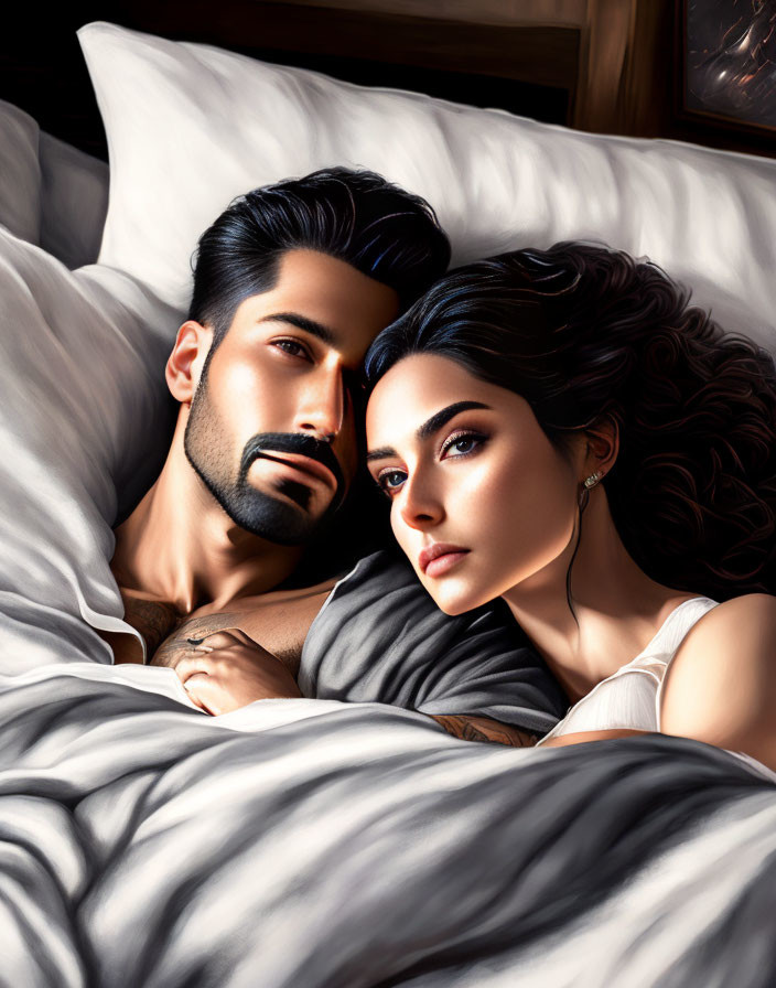 Digital artwork: Couple lying in bed, man looking at woman resting head on pillow