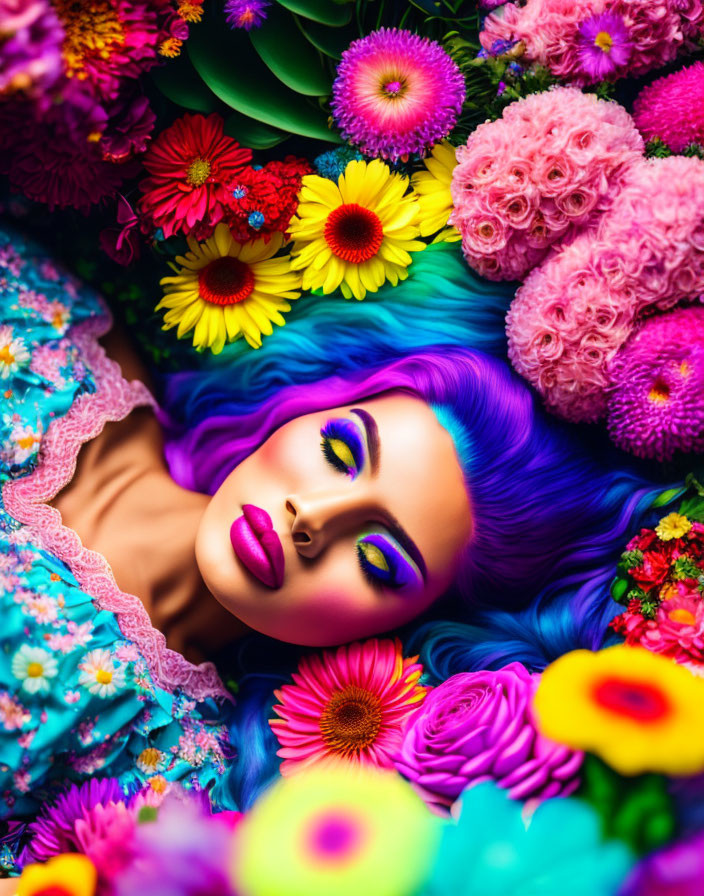 Woman with Purple Hair and Colorful Makeup Surrounded by Vibrant Flowers