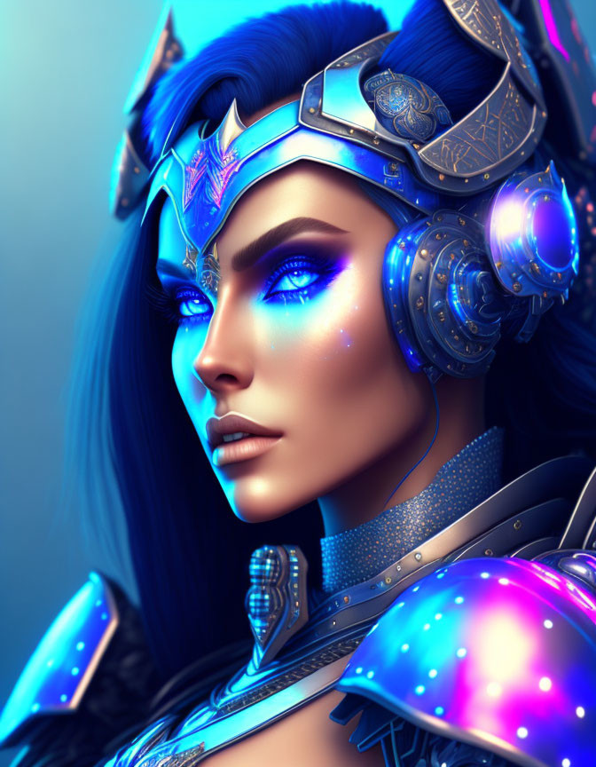 Digital artwork of woman in vivid blue armor with headset, intricate designs, luminous skin, futuristic warrior