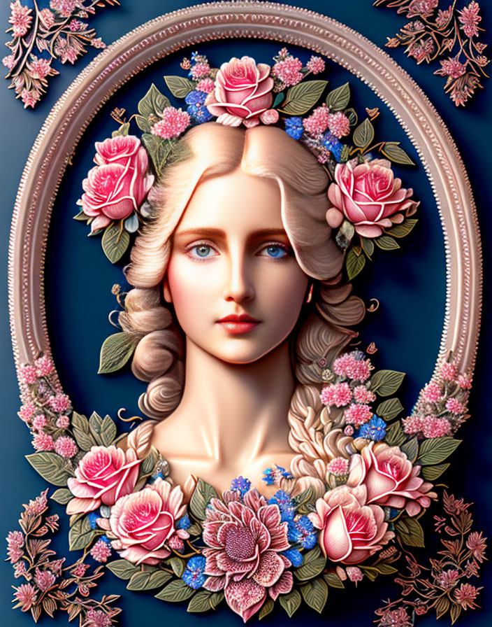 Stylized portrait of woman with light hair and pink roses in oval frame