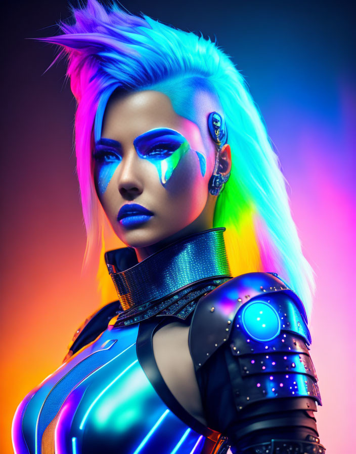 Futuristic woman with blue hair and cybernetic enhancements