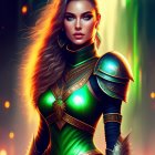 Female warrior digital art: fantasy armor, flowing hair, glowing effects, neon-lit futuristic backdrop